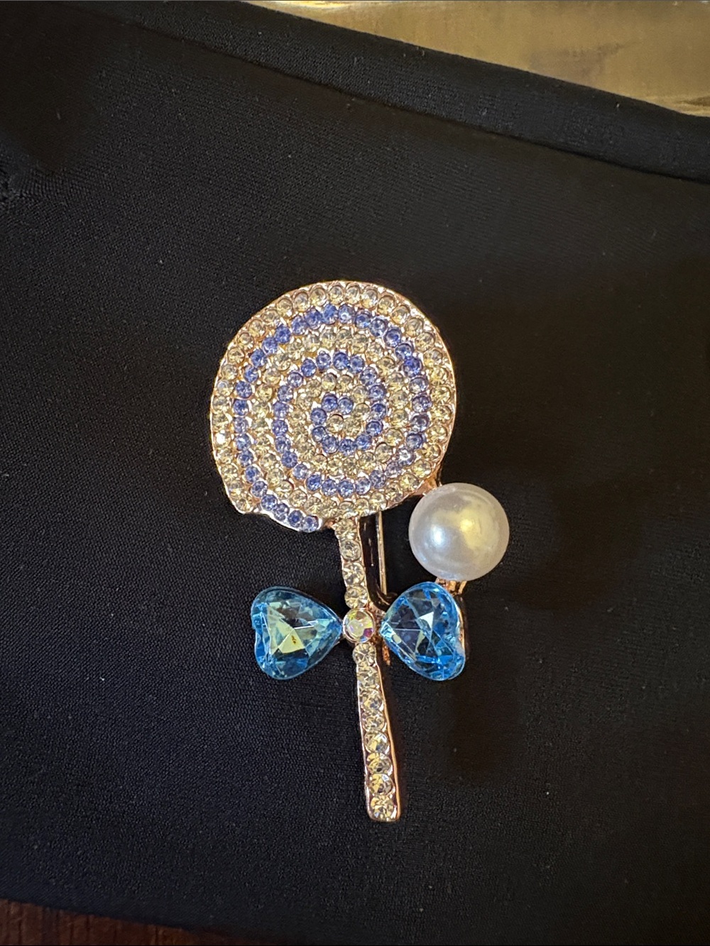 Blue Crystal Lollipop Brooch Pin with Pearl Accent